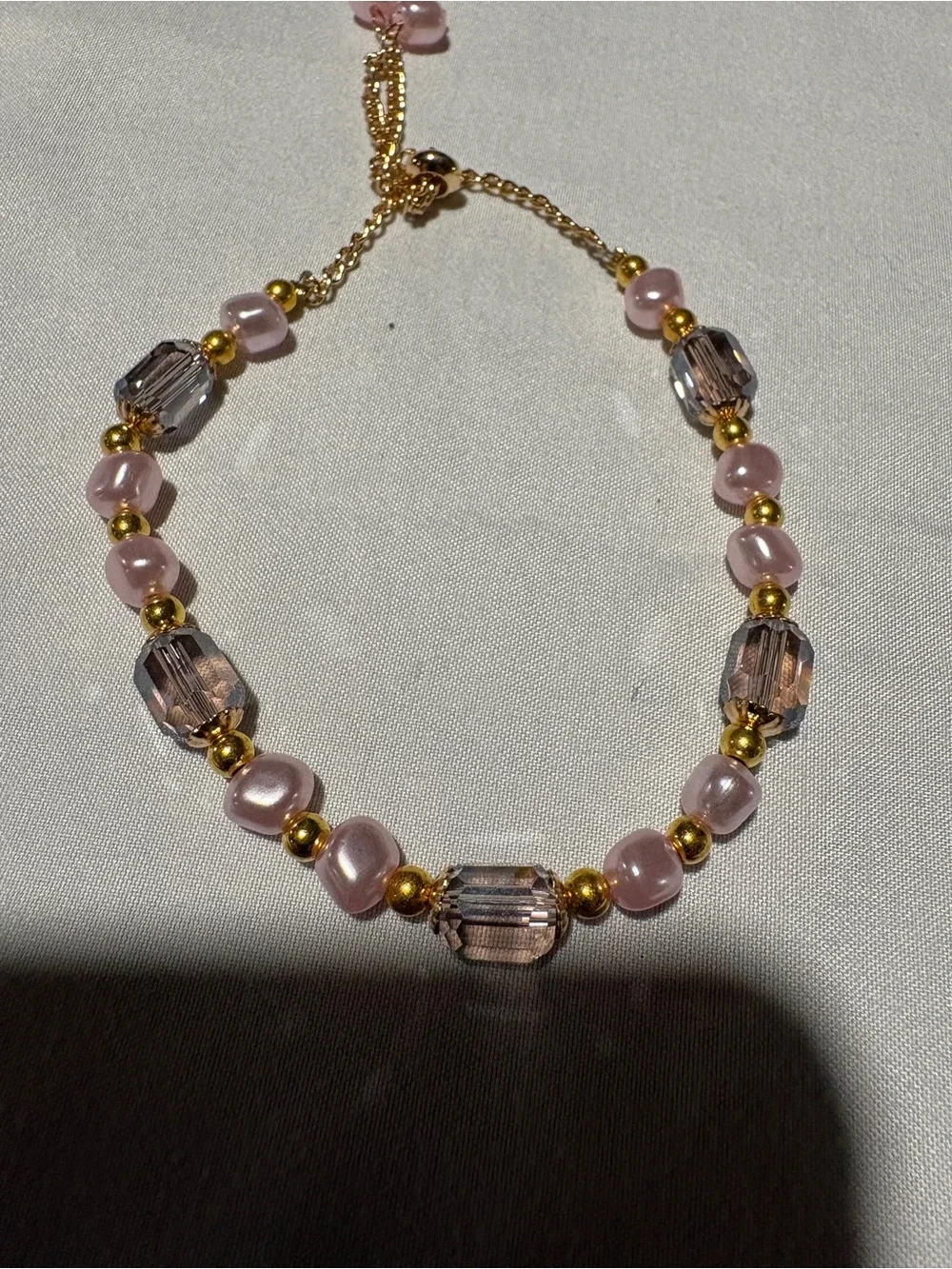 Pink Beaded Bracelet – Gold Tone Accents – Faceted Smoky Glass Beads – Adjustabl